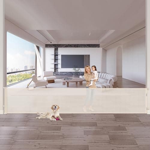 160 Inch Extra Wide Baby Gates for Large Openings, Retractable Baby Gates Extra Wide Retractable Dog Gate, Outdoor Pet Gate Indoor Extra Long Dog Gate Retractable Fence Garage Gate, Beige - Image 1