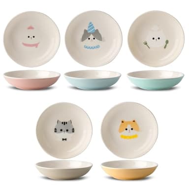Ceramic Cat Bowls Set - 5.7 inch Wide Cat Food Bowls Whisker Fatigue Friendly, 5 Colorful Kitten Dish Plates with Cute Pattern for Wet and Dry Food Water - Image 1