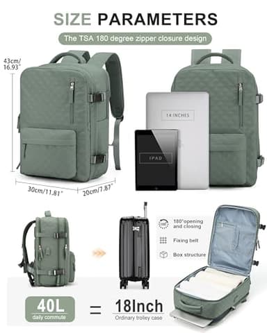 Travel Carry On Backpack for Women, Waterproof Laptop Backpack for Traveling on Airplane Hiking Gym Backpack with USB Charging Port Shoe Compartment,Dark Green - Image 2