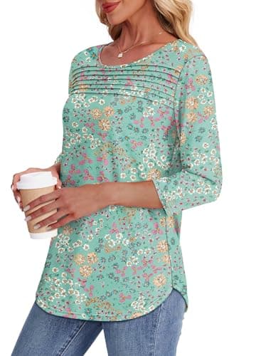 Summer Shirts for Women Oversized Tshirts Pleated Front 3/4 Length Sleeves Fashion Trendy Blouses Cute Plus Size Tops Floral Green 2XL - Image 4