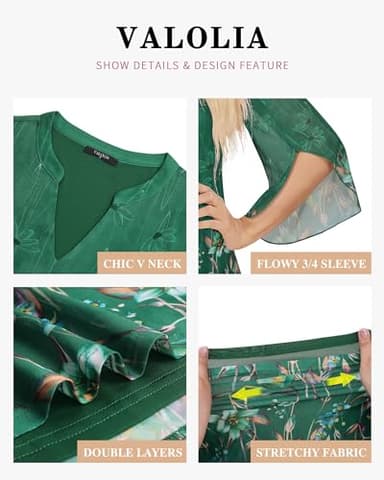 VALOLIA Dressy Tops for Women - Fancy Blouses with Half Sleeve & Long Sleeve Options - Elegant Flower Patterns - Church Tunic Tops - Loose Fit, V Neck - Spring Clothes in Green, Large - Image 5