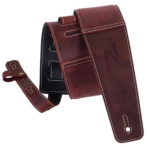 Nefelibata 3" Guitar Strap in First Layer Leather with Foam Padding and Cable Storage Loops for Bass, Electric and Acoustic Guitars (Vintage Burgundy) - Image 1