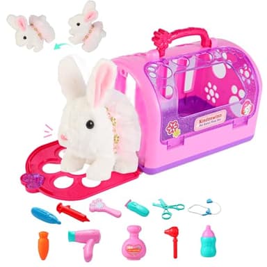 Easter Realistic Bunny Toys - 14-Piece Rabbit Toys with 6" Plush Bunny, Sounds, Hopping and Walking Action, Wiggling Ears, Twitching Nose & Rabbit Cage - Ideal Gift for Girls, Toddlers, Easter - Image 1