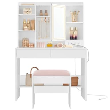 VASAGLE KAILYN Collection - Vanity Desk with Power Outlets, Makeup Vanity with Mirror and Lights, Upholstered Vanity Stool, LED Lights, 6 Compartments, 2 Drawers, for Bedroom, Cloud White URDT031W01 - Image 1