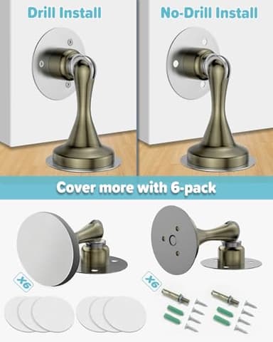 Door Stoppers Magnetic Door Catch - 6 Pack Stainless Steel Heavy Duty Door Stops for Bottom of Door, Wall & Floor Mounting No-Drill Strong Adhesive & Screws, Strong Door Holder to Keep Door Open - Image 4