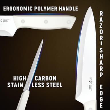 Knife Set, HUNTER.DUAL 15 Piece Kitchen Knife Set with Block and Built-in sharpener, Dishwasher Safe, Anti-slip Handle, White - Image 5