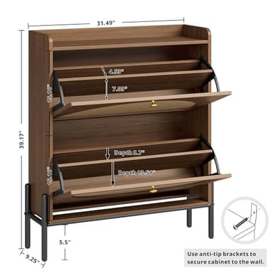IRONCK Shoe Cabinet Storage with 2 Flip Drawers, Free Standing Wooden Shoe Storage Organizer Cabinet with Rattan Doors for Entryway, Narrow Shoe Rack Cabinet, Walnut - Image 3
