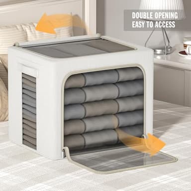 4 Pack Clothes Storage Bins with Metal Frame Clothing Storage Bins with Lid Linen Fabric Storage Box With Clear Window& Zippers& Durable Handles (Large- 42L, Count, 4) - Image 5