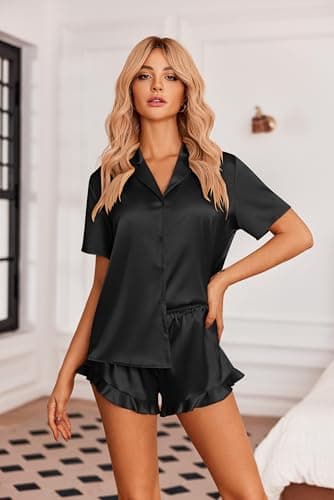 Ekouaer Womens Silk Pajamas Set Button Down 2 Piece Satin Pjs Shorts Set Ruffle Notch Collar Sleepwear Black M - Image 2