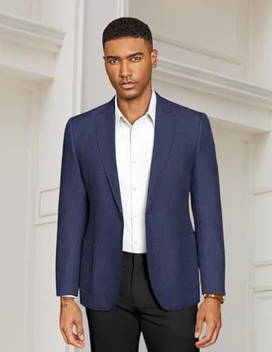 COOFANDY Men's Cotton Linen Suit Jackets Business Casual Blazer Stylish Regular Fit Sport Coat Navy Blue - Image 2