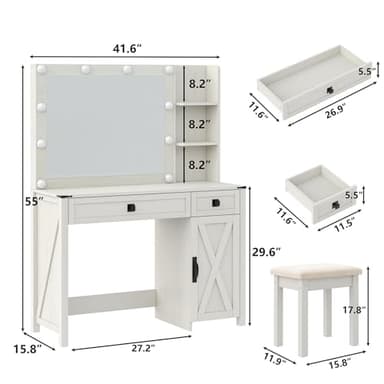 Furniouse 41.6'' Farmhouse Vanity Desk with Mirror and Lights, Makeup Vanity with Large Drawers & Adjustable Shelves, Modern Vanity Set with Stool for Bedroom, Off White - Image 7