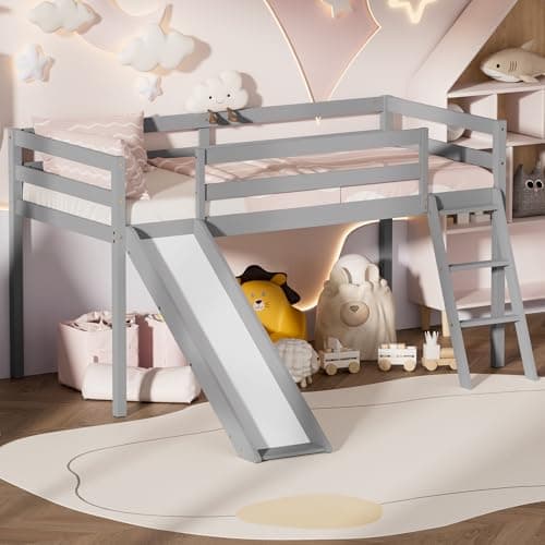 TOLEAD Low Loft Bed with Slide, Wood Twin Loft Bed Frame with Climbing Ladder & Storage Space for Kids Toddler (Grey) - Image 1