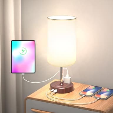 Small Bedside Table Lamp for Bedroom - 3 Way Dimmable Touch Lamp with USB Charging Station and AC Outlet, Wood Base & Fabric Linen Lampshade for Office, Living Room, Dorm, Brown-White, (LED Included) - Image 1