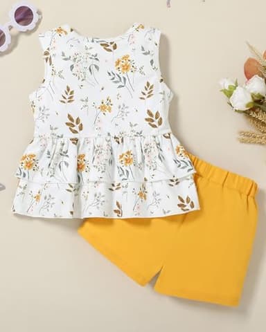 YUEMION Toddler Girl Clothes, 2Pcs Baby Girl Summer Outfits Sleeveless Bow Knot Tank Shirts Tops + Shorts Clothing Sets(Flowers+ Bright yellow, 4-5T) - Image 8