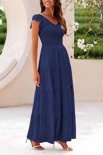 PRETTYGARDEN Women's Summer Flowy Maxi Dress Casual Cap Sleeve V Neck Smocked Beach Sundress (Solid Navy,Medium) - Image 4