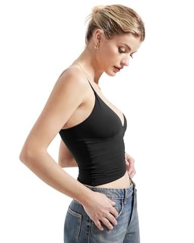 SUUKSESS Women Sexy Deep V Neck Sleeveless Fitted Basic Tops Y2K Going Out Crop Tank Top Camisole (Black,S) - Image 4
