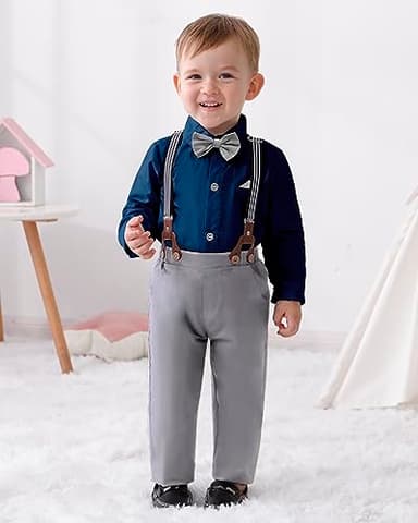 DISAUR Matching Family Outfits Long Sleeve Dark Blue Grey Dress Shirt Bow Tie Suspender Pants Boys Church Outfit 4t 5t 4-5t - Image 3