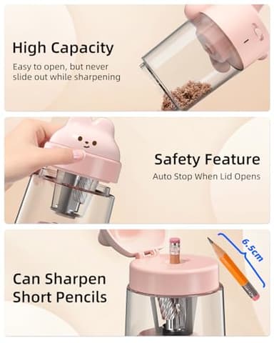 ZMOL Electric Pencil Sharpeners, Colored Pencil Sharpener for Kids, Auto Stop, Rechargeable Pencil Sharpener for Battery Powered Cute No.2/Colored Pencils (6-8mm), Classroom/Office/Home (Pink) - Image 9