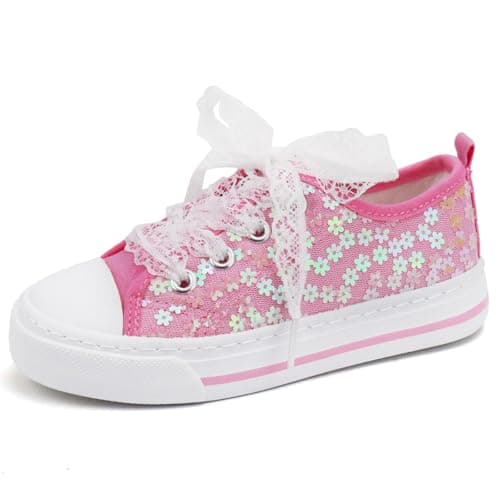 Toandon Toddler Girls Kids Sneakers Walking Shoes Lace Up Lightweight Low Top Fashion Sparkle Glimmer Flower Sequins Non-Slip Outdoor Pink Size 9 - Image 1
