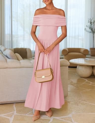 ZESICA Women's Off The Shoulder Maxi Dress 2025 Summer Sleeveless Casual Slim Swing Pleated Formal Party Dresses,Pink,Small - Image 3