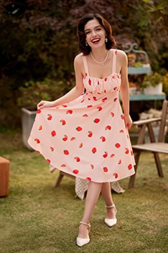 1950s Dresses for Women Vintage Retro Dress for Women Light Pink A-Line Flowy Swing Beach Dress Strawberry Dress Medium - Image 4