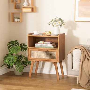 Lerliuo Rattan Nightstands Set of 2, Side Table with Drawer, Cane Accent Bedside End Table with Solid Wood Legs, Mid Century Modern Night Stand for Bedroom, Dorm and Small Spaces (Tea Brown) - Image 9