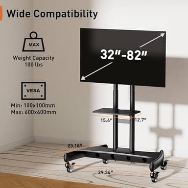 Perlegear Mobile TV Cart for 32-82 Inch Flat/Curved LED/LCD/OLED TVs Rolling TV Stand with Height Adjustable Shelf Max VESA 600x400mm up to 100lbs- Outdoor TV Stand Trolley with Wheels PGTVMC05-1 - Image 4