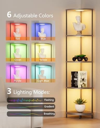 Corner Shelf with RGBCW LED Light, 64.5” Tall Floor Lamp Narrow Bookshelf Organizer, Standing Shelves with Metal Pole, Display Storage Rack for Wall Corner, Living Room, Bedroom, Office Décor, Grey - Image 5