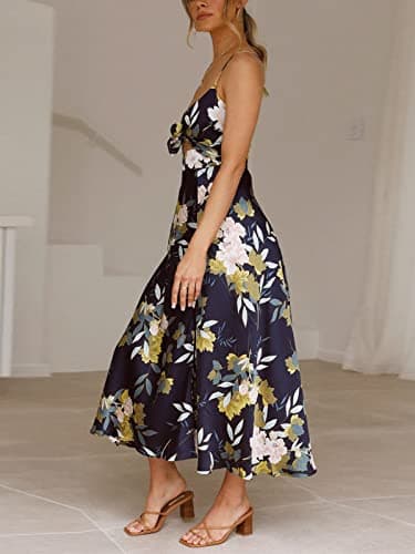 Fashionme Women Midi Satin Dresses Tie Front Backless Split Summer Casual Floral Tropical Hawaiian Flowy Slip Dress Sexy Sundresses Wedding Guest Beach Cocktail Vacation Graduation - Image 5