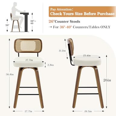 Bekrvio Swivel Counter Height Bar Stools Set of 3, Upholstered Faux Leather Barstools with Rattan Back, 26" Seat Height Bar Chairs for Kitchen Island, Bentwood Wood Frame, Cream White - Image 2