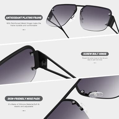 Fozono Retro Trendy Aviator Sunglasses Womens Mens Large Oversized Square Sun Glasses Metal Rimless Frame Shades FZN904 (Black/Gradient Grey) - Image 4