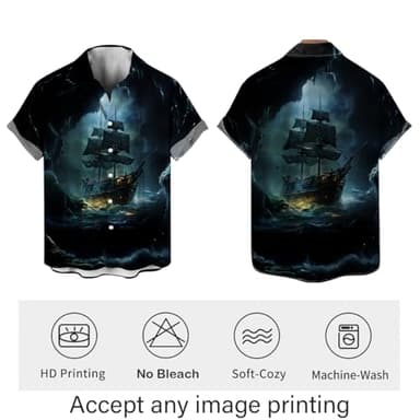 LAOLIUSN Funny Pirate Hawaiian Shirt Pirate Ship Graphic Short Sleeved Button Down Shirt,Black,M - Image 3