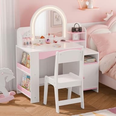 MU Kids Vanity with Lights, Princess Makeup Vanity Desk with Open Bookshelf, Storage Cabinet & Shelves, 2 in 1 Toddler Vanity Table & Chair Set with Lighted Mirror for Little Girls (White) - Image 1