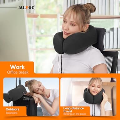 MLVOC Travel Pillow 100% Pure Memory Foam Neck Pillow, Comfortable & Breathable Cover, Machine Washable, Airplane Travel Kit with 3D Contoured Eye Masks, Earplugs, and Luxury Bag, Standard (Black) - Image 7