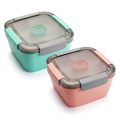 Freshmage Salad Lunch Containers To Go, 2 Pack 52-oz Bowls with 3 Compartments, Dressing Containers for Toppings, Snacks - Pink & Green - Image 1