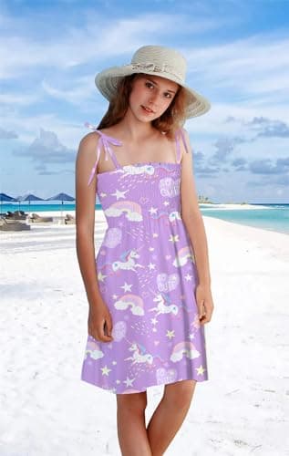 Girl's Women's Summer Spaghetti Strap Beach Dresses Hawaiian Hoilday Smocked Midi Sun Dress Ruffle Square Neck, Unicorn-Purple, US M - Image 4