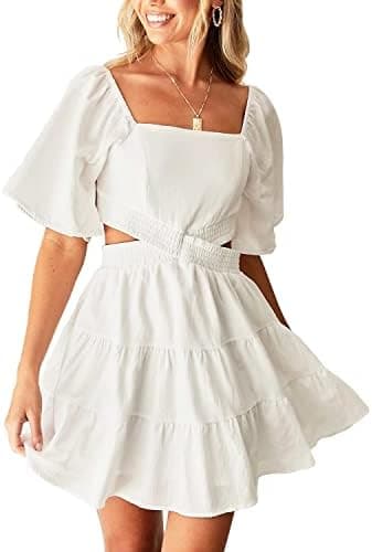 Shy Velvet Women's Summer Dress Square Neck Short Sleeves Crossover Waist Casual Party Mini Dress - Image 2