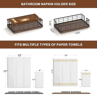 Wican Guest Towel Holder Tray for Bathroom, Oak and Iron Napkins Holder for Powder Room Dinning Table Wooden Basket for Disposable Paper Hand Towels Black & Walnut - Image 2