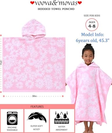 VOOVA & MOVAS Thick Hooded Bath Towel Poncho for Kids (4-8Years) - Soft, Absorbent Turkish Cotton Swim Towel Robe, Perfect for Bathroom | Pool | Swim, Jacquard, Pink with White Daisy Theme - Image 2