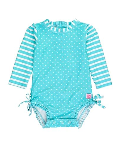 RuffleButts Baby Girls UPF 50+ Sun Protection Polka Dot Long Sleeve One Piece Rash Guard Swimsuit with Zipper - Bright Aqua Heart Polka, 0-3m - Image 1