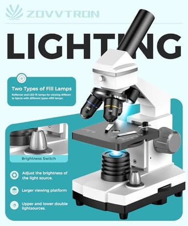 ZOVVTRON Professional Compound Microscopes for Adults, Kids 8-12 & Students | 2000X Magnification Lab & Home Microscope with Phone Adapter, Complete Slides Set (Gray White) - Image 6