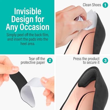 Comfwalk Heel Grip Cushion Pads - 4 Pairs, Self-Adhesive, Shoe Inserts for Loose Shoes, Snug Fit, Blister Prevention, Heel Comfort for Men and Women, Ideal for High Heels (Black & Beige, Lip-Shaped) - Image 5