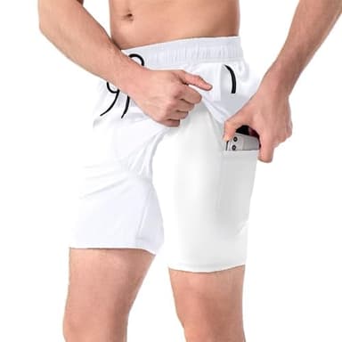 FREDRM Men's Swim Trunks with Compression Liner Quick Dry Bathing Suit Stretch Beach Board Shorts with Zipper Pockets (A-White, M) - Image 2
