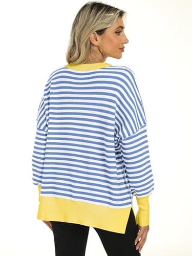 ANRABESS Women Oversized Sweaters Batwing Long Sleeve 2025 Fall Outfits Crewneck Casual Knit Side Slit Fashion Pullover Top Blue White Medium - Image 5