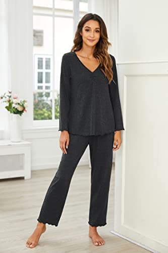 Ekouaer Womens Pajama Sets 2 Piece Lounge Set Fall Winter Pajamas Long Sleeve Pjs Top and Pants Soft Pj Sets Loose Sleepwear Dark Gray - Image 4
