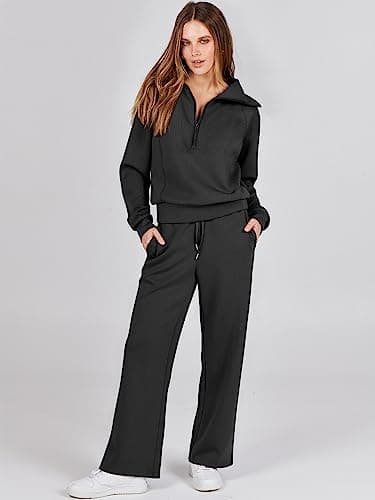 ANRABESS Women 2 Piece Outfits 2025 Fall Fashion Airport Wide Leg Pants Lounge Set Leisure Travel Vacation Clothes Sweatsuits Black Small - Image 2