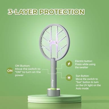 Aspectek 3000V Electric Fly Swatter for Indoor and Outdoor Use, Portable, Rechargeable Bug Zapper Racket with Improved Battery Life, USB Charging Cable, Wall Bracket, White -Green - Image 6