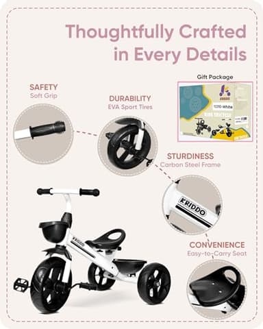 KRIDDO Kids Tricycles Age 24 Month to 4 Years, Toddler Kids Trike for 2.5 to 5 Year Old, Gift Toddler Tricycles for 2-4 Year Olds, Trikes for Toddlers, Sporty Styling, White - Image 6