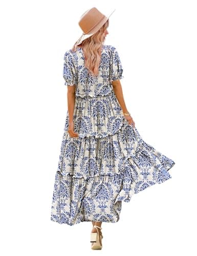 YESNO Summer Casual Bohemian Floral Dresses for Women Puff Short Sleeve Long Maxi Dress with Pockets (L ETX CR425B) - Image 1