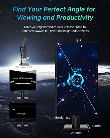 KTC 27" 1440p 170Hz Gaming Monitor, 2K QHD 1ms GTG Fast IPS, HDR, HDMI/USB C/DP, FreeSync & G-Sync, Swivel Tilt Height Pivot Adjustable, H27T22 - Image 3